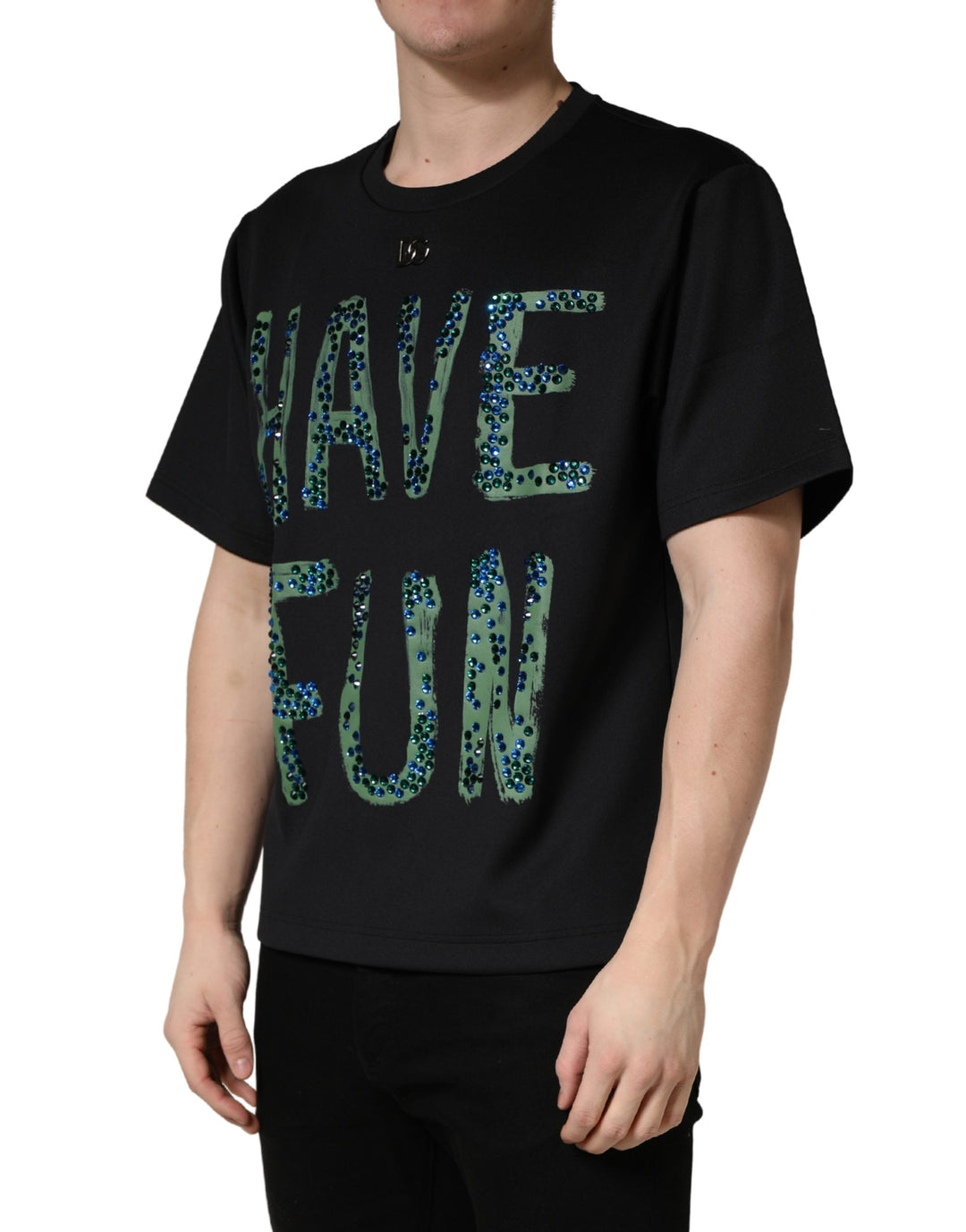 Dolce &amp; Gabbana Black have Fun Embellished Crew Neck T-shirt