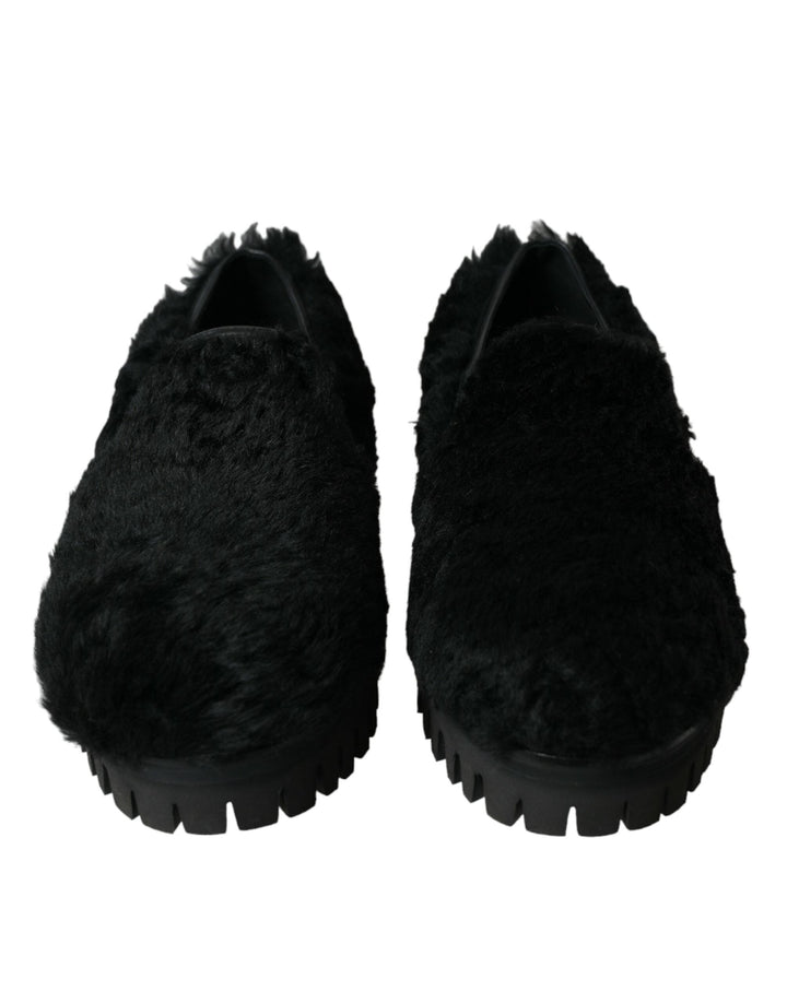 Men’s Dolce &amp; Gabbana Black Fur Leather Slippers Dress Shoes