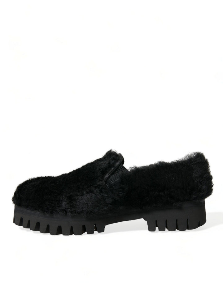 Men’s Dolce &amp; Gabbana Black Fur Leather Slippers Dress Shoes