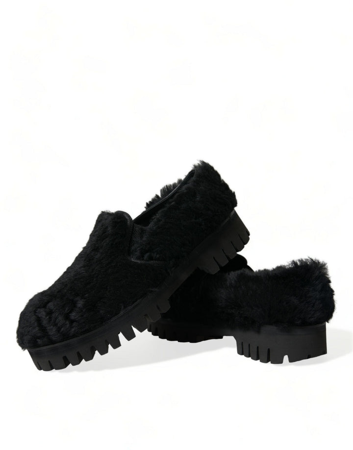 Men’s Dolce &amp; Gabbana Black Fur Leather Slippers Dress Shoes
