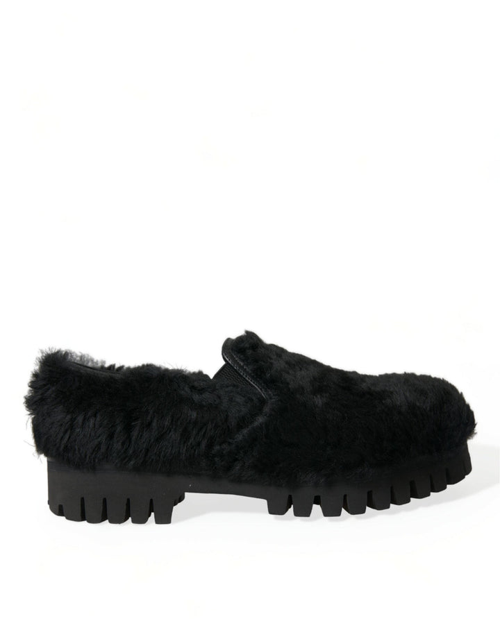 Men’s Dolce &amp; Gabbana Black Fur Leather Slippers Dress Shoes