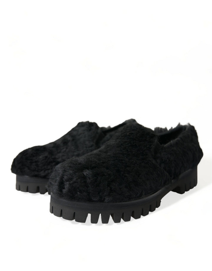 Men’s Dolce &amp; Gabbana Black Fur Leather Slippers Dress Shoes