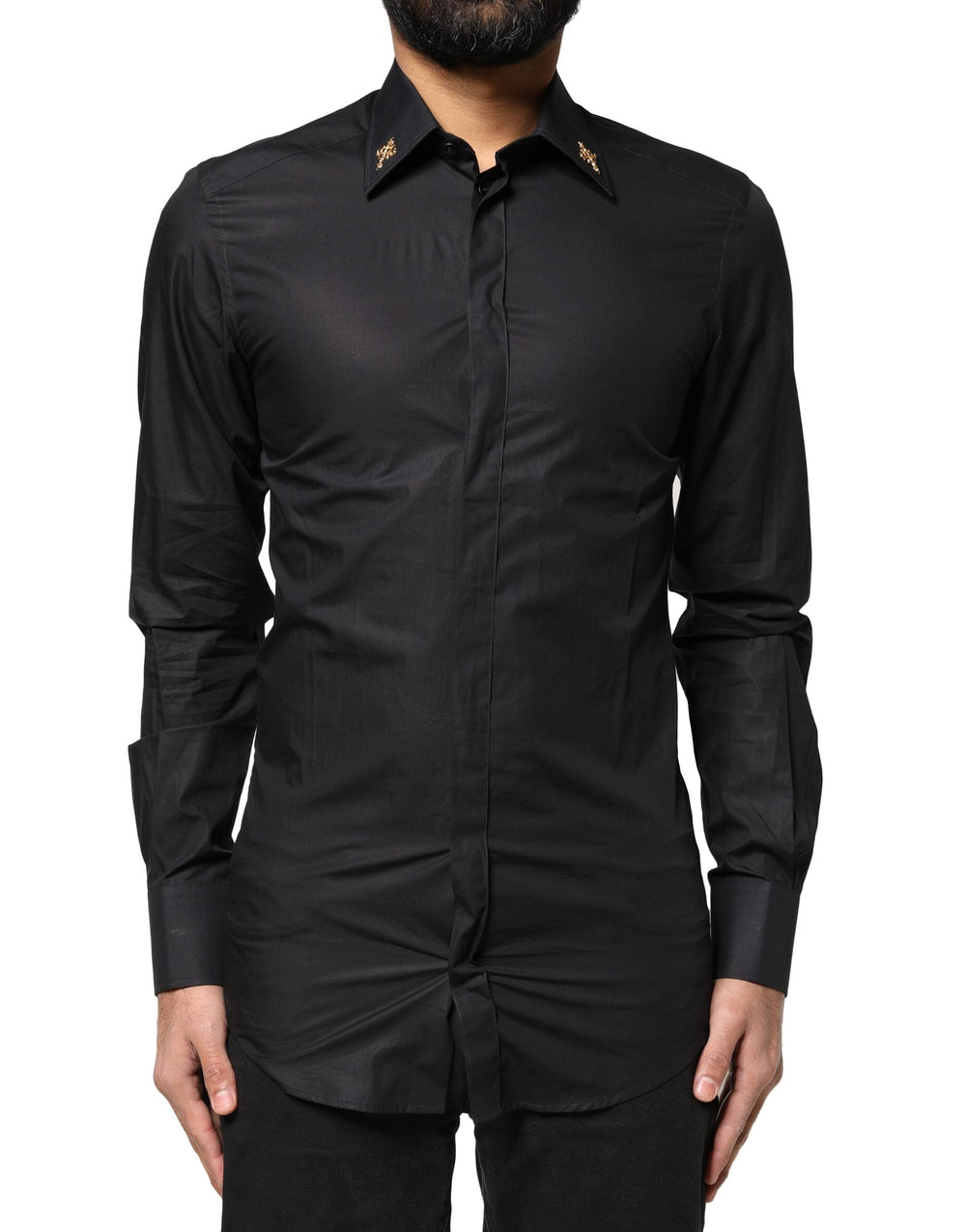 Dolce & Gabbana Black Gold Cross Embellished Men Dress Shirt