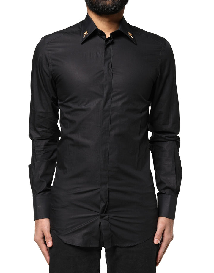 Dolce &amp; Gabbana Black Gold Cross Embellished Men Dress Shirt