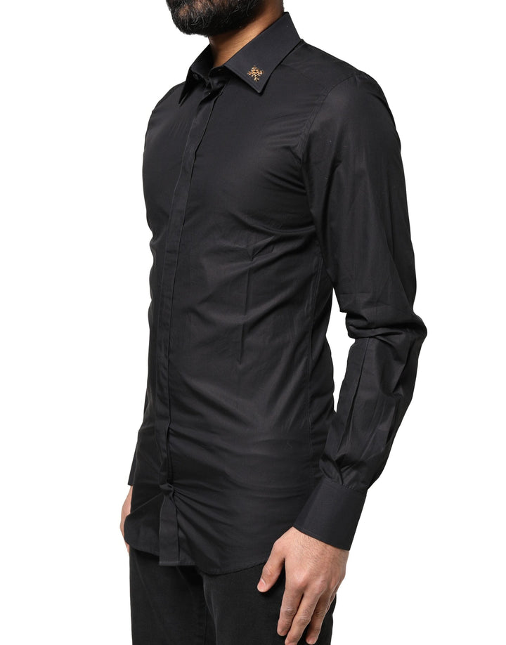Dolce &amp; Gabbana Black Gold Cross Embellished Men Dress Shirt