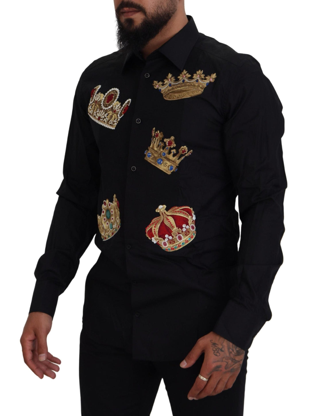 Men’s Dolce &amp; Gabbana Black Gold Crown Slim Fit Dress Formal Shirt