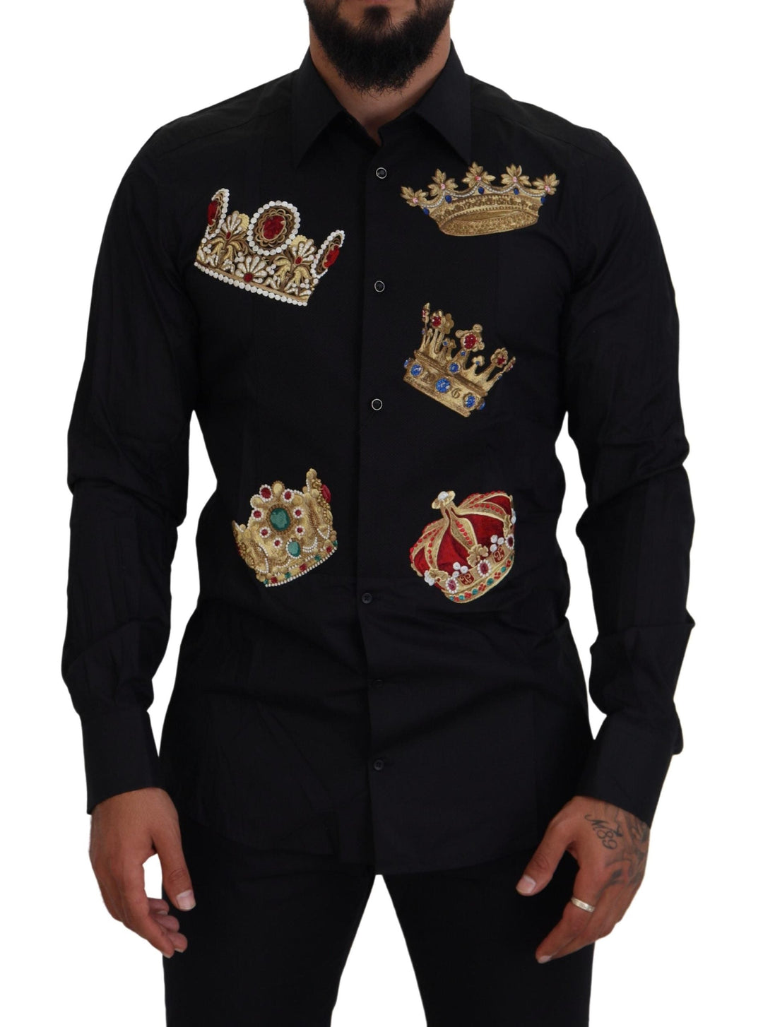 Men’s Dolce &amp; Gabbana Black Gold Crown Slim Fit Dress Formal Shirt