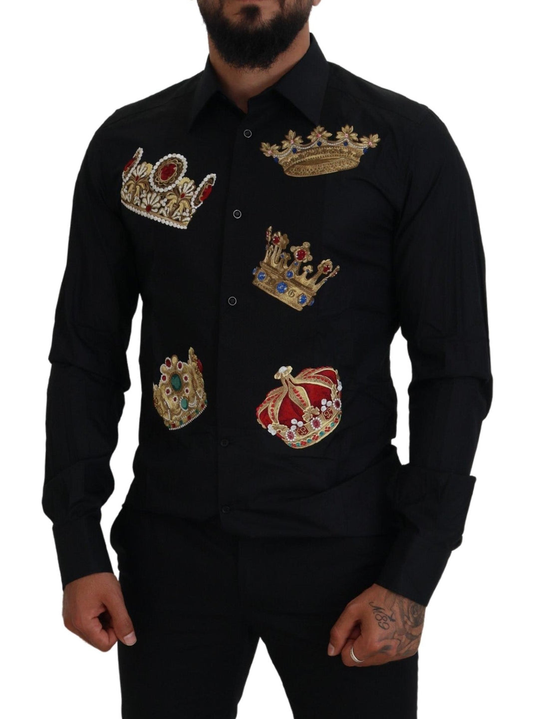 Men’s Dolce &amp; Gabbana Black Gold Crown Slim Fit Dress Formal Shirt