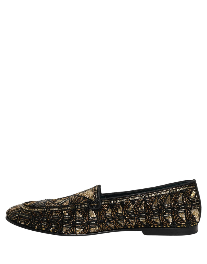 Men’s Dolce &amp; Gabbana Black Gold Embellished Slip on Loafers Shoes
