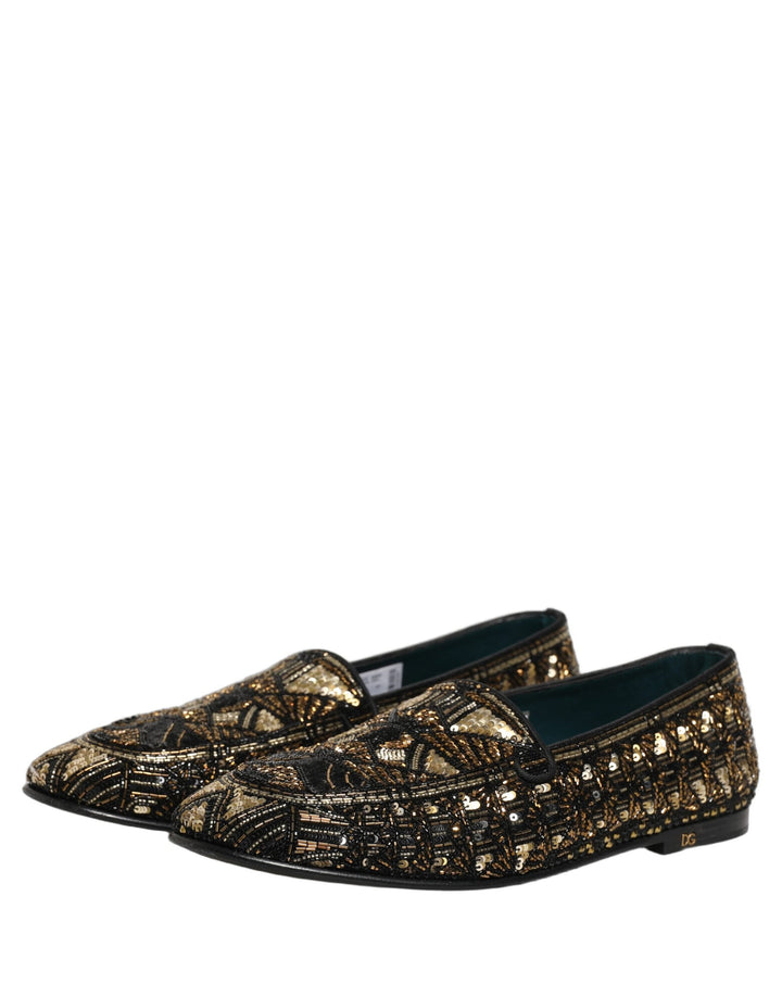 Men’s Dolce &amp; Gabbana Black Gold Embellished Slip on Loafers Shoes