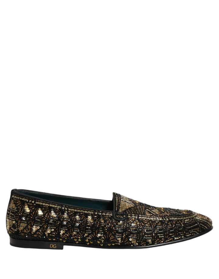 Men’s Dolce &amp; Gabbana Black Gold Embellished Slip on Loafers Shoes