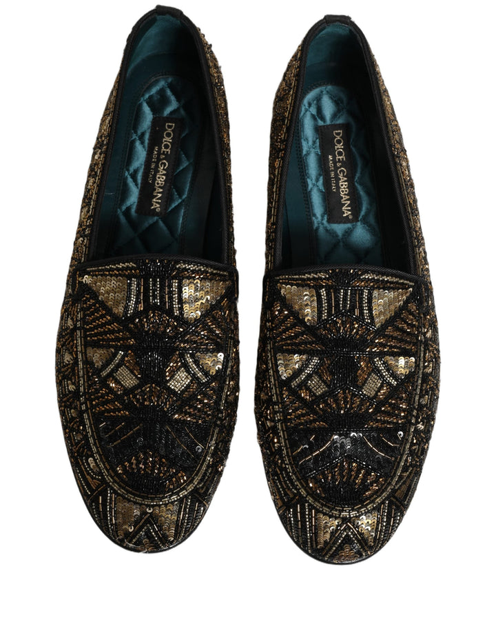 Men’s Dolce &amp; Gabbana Black Gold Embellished Slip on Loafers Shoes