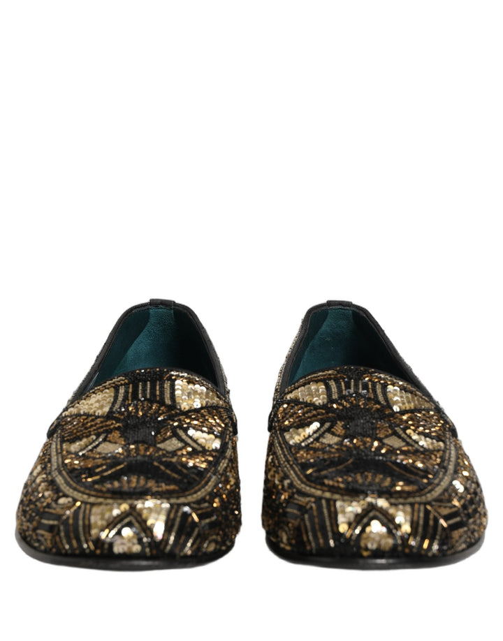 Men’s Dolce &amp; Gabbana Black Gold Embellished Slip on Loafers Shoes