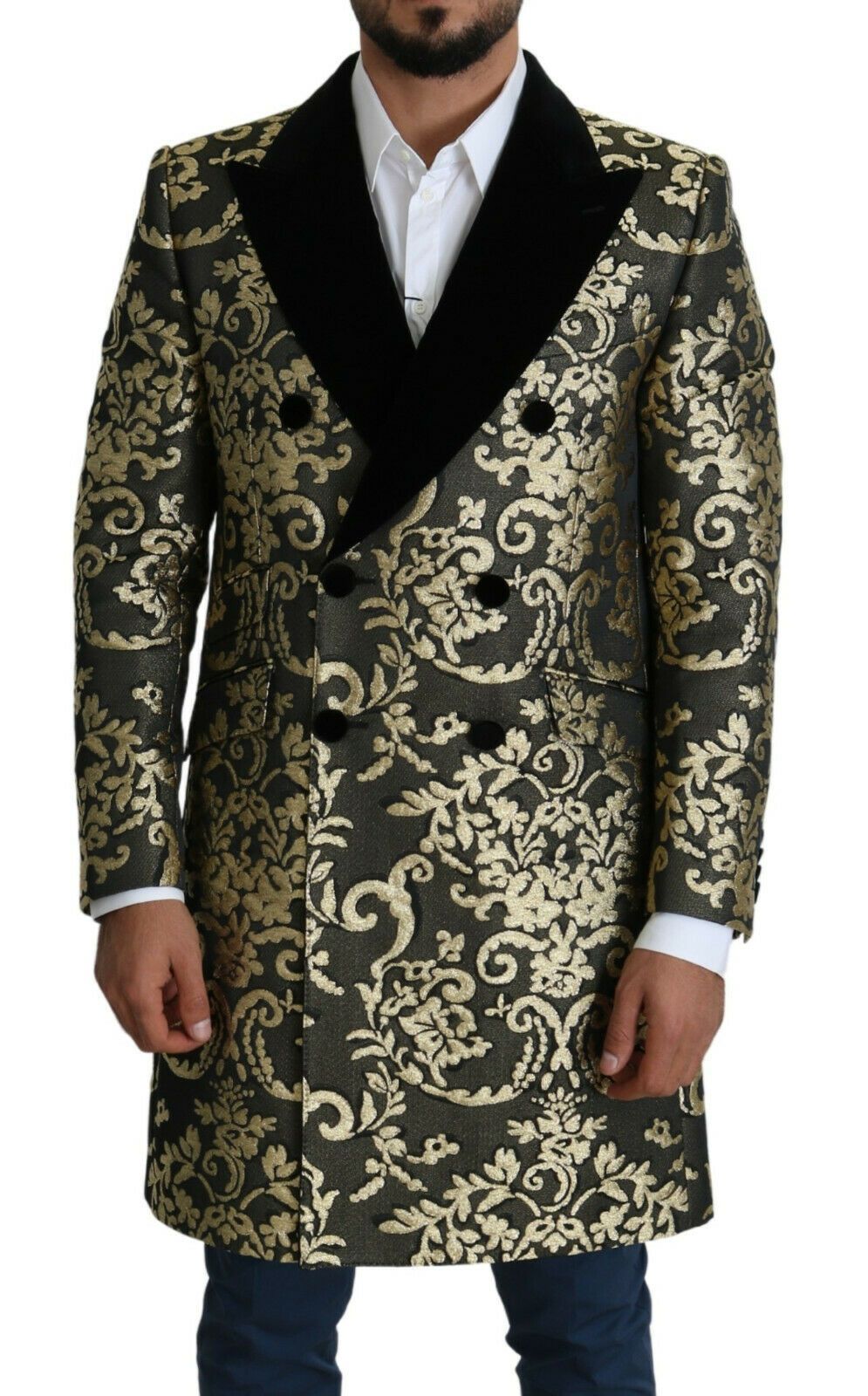 Men’s Dolce & Gabbana Black Gold Jacquard Long Coat Sicilia Jacket