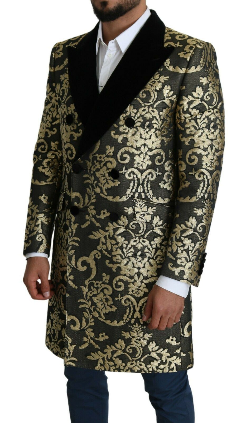 Men’s Dolce &amp; Gabbana Black Gold Jacquard Long Coat Sicilia Jacket