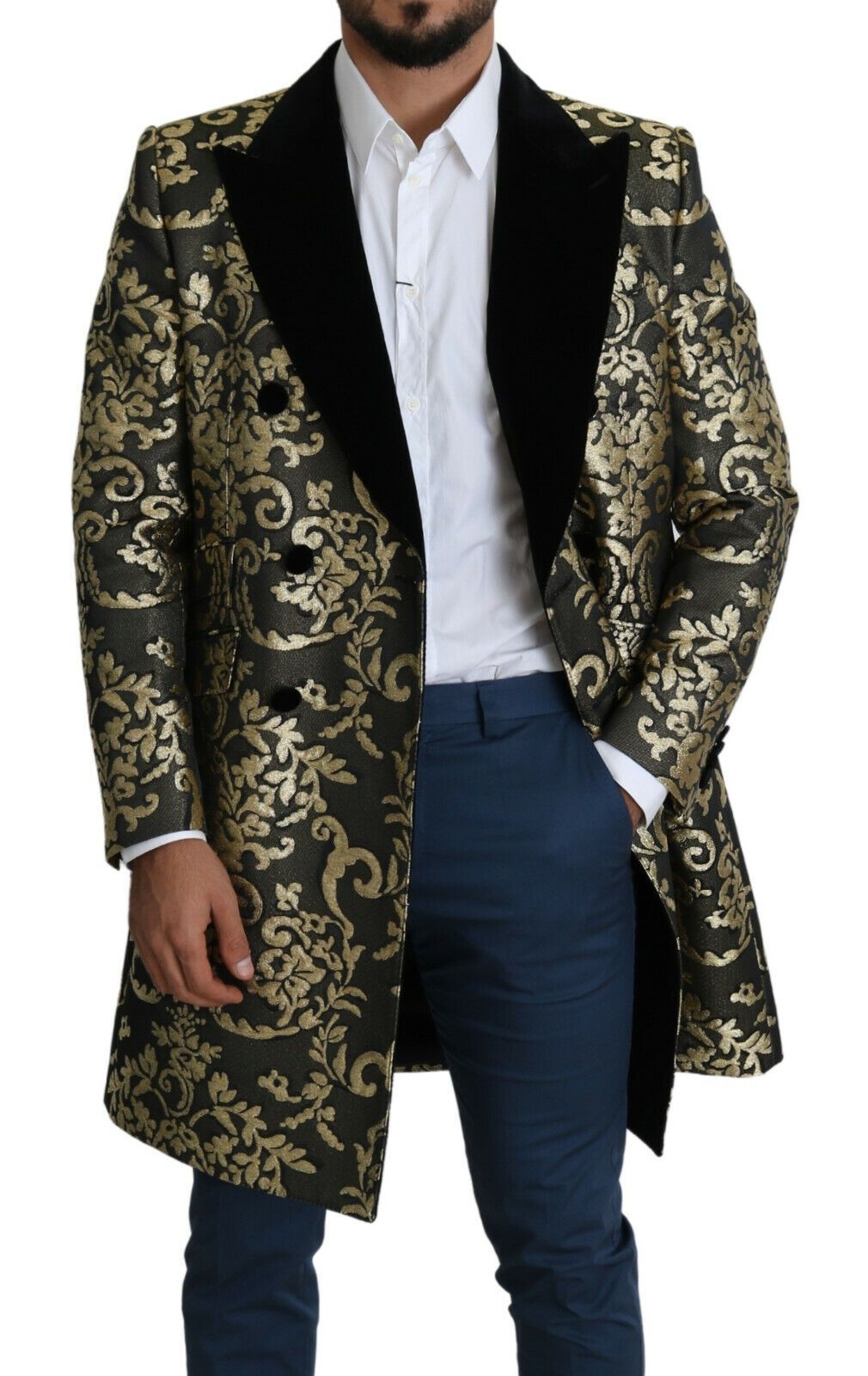 Men’s Dolce &amp; Gabbana Black Gold Jacquard Long Coat Sicilia Jacket