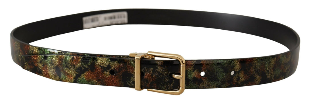 Dolce &amp; Gabbana Black Green Leather Bronze Metal Buckle Belt
