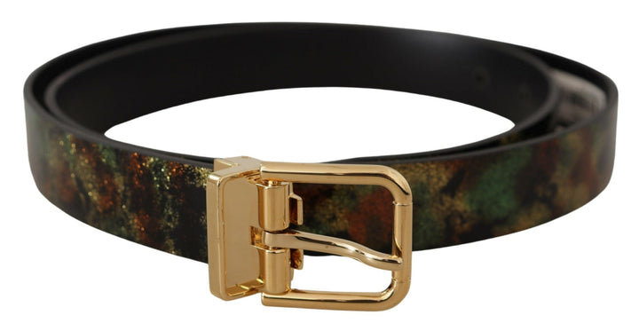 Dolce &amp; Gabbana Black Green Leather Bronze Metal Buckle Belt