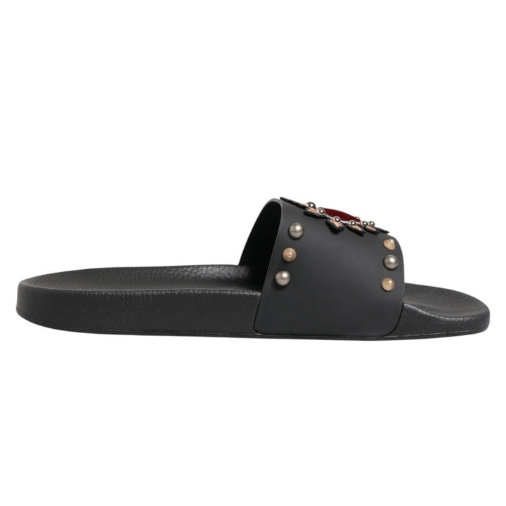 Men’s Dolce &amp; Gabbana Black Heart Patch Rubber Calfskin Slippers Shoes