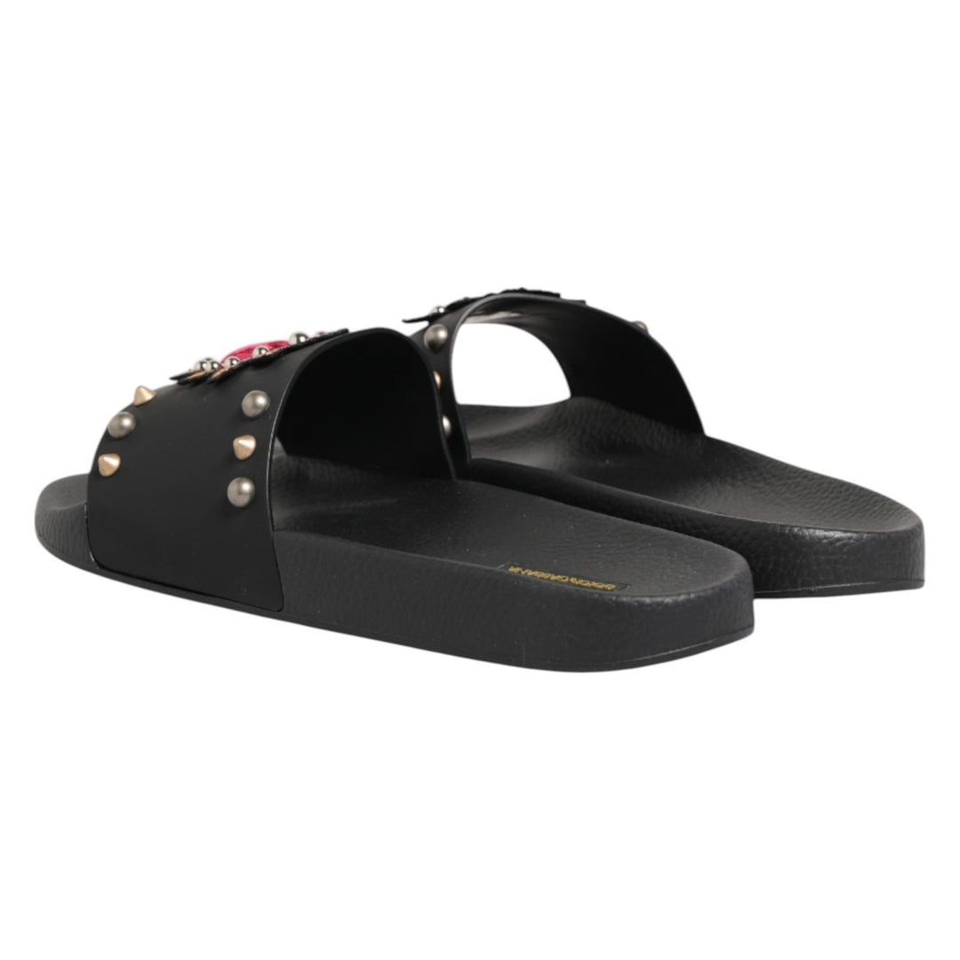 Men’s Dolce &amp; Gabbana Black Heart Patch Rubber Calfskin Slippers Shoes