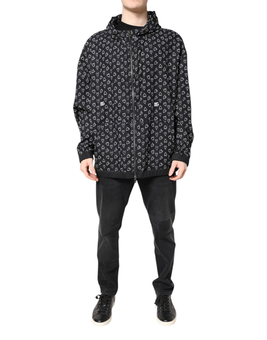 Men’s Dolce &amp; Gabbana Black Heart Print Hooded Windbreaker Jacket