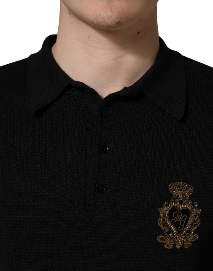 Dolce &amp; Gabbana Black Heraldic Crest Patch Silk Polo T-shirt