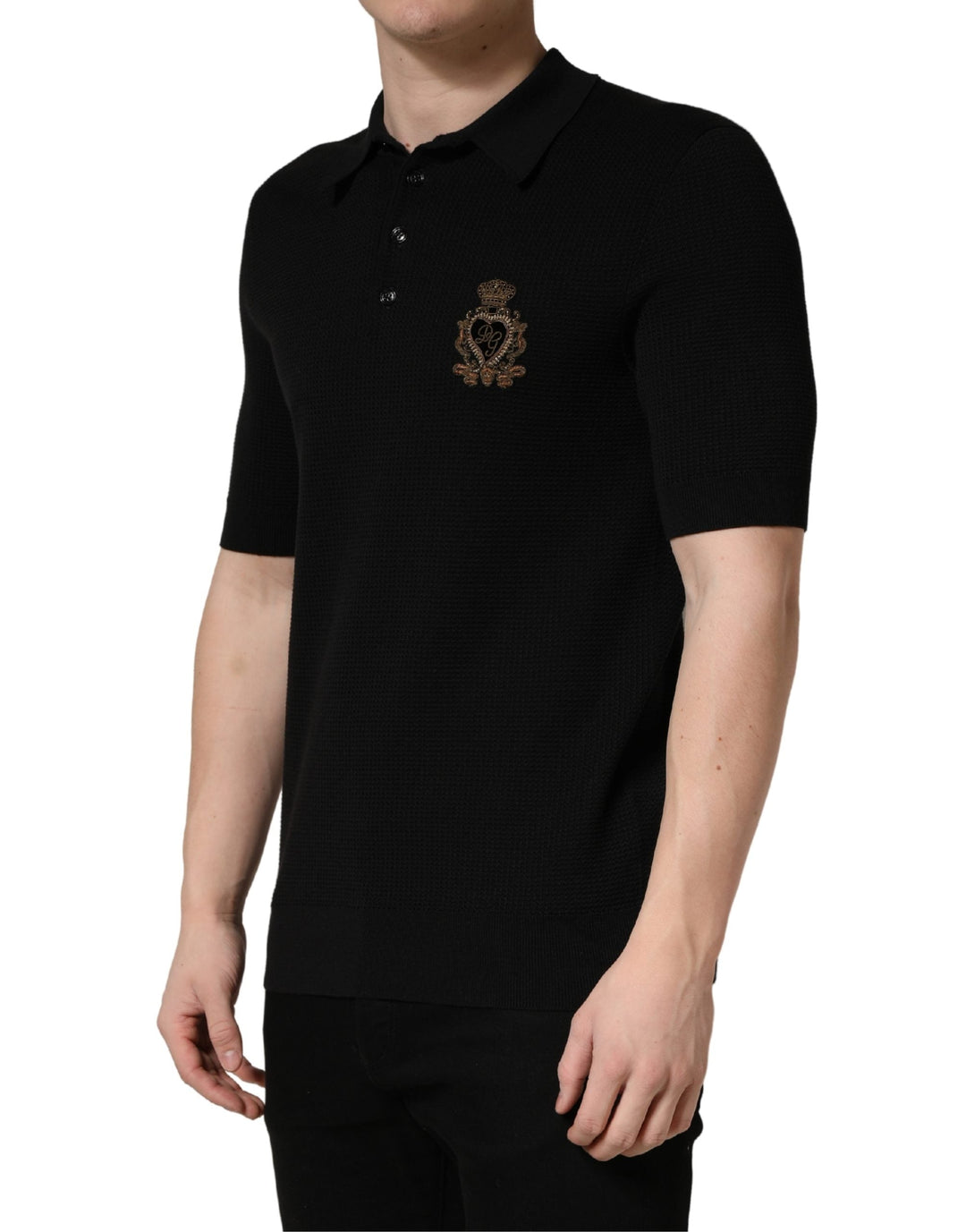 Dolce &amp; Gabbana Black Heraldic Crest Patch Silk Polo T-shirt