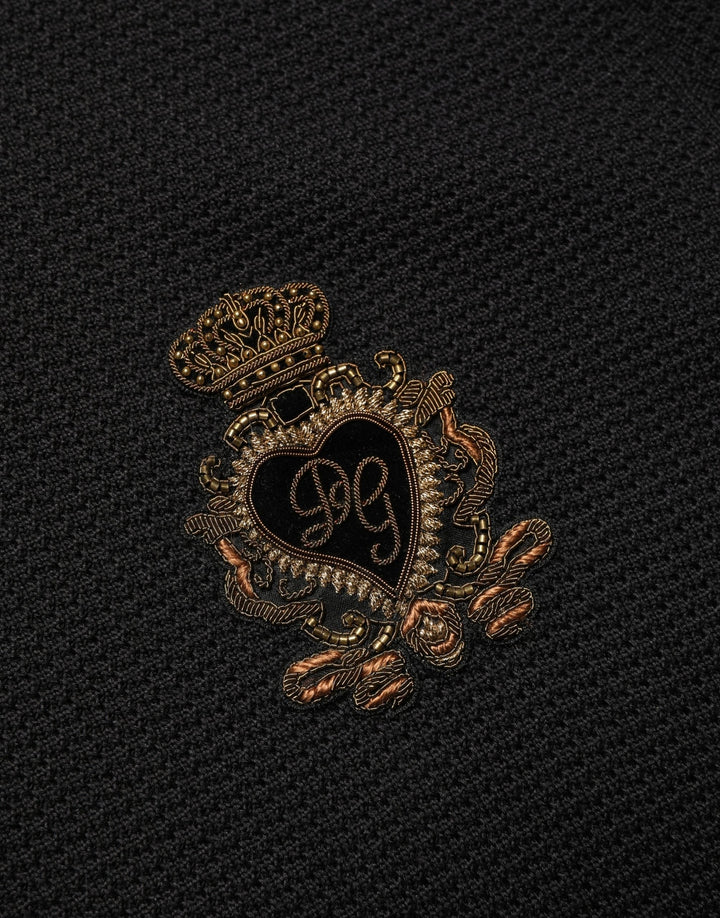 Dolce &amp; Gabbana Black Heraldic Crest Patch Silk Polo T-shirt
