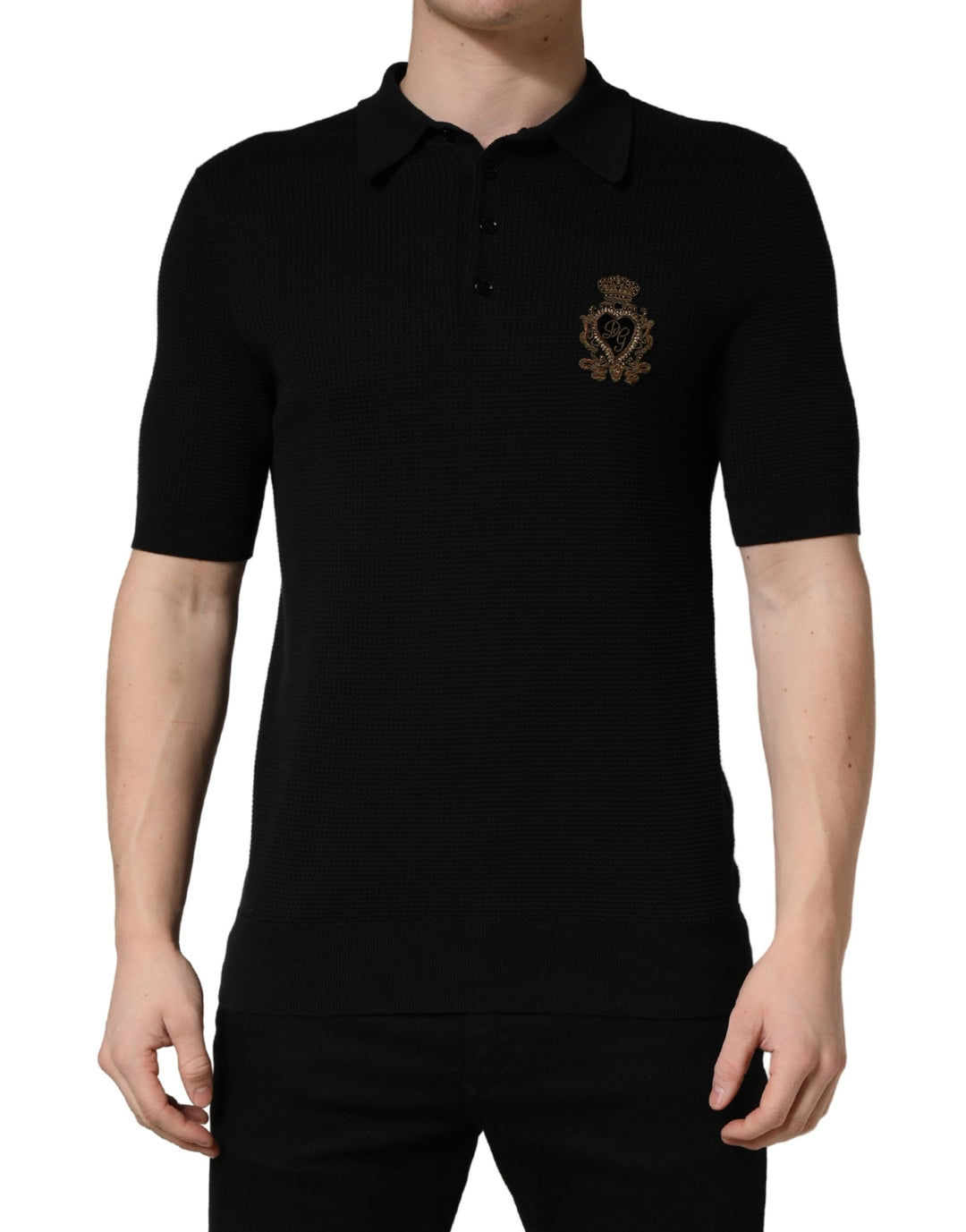 Dolce &amp; Gabbana Black Heraldic Crest Patch Silk Polo T-shirt