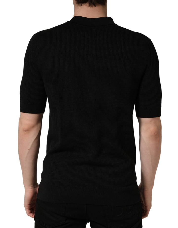 Dolce &amp; Gabbana Black Heraldic Crest Patch Silk Polo T-shirt