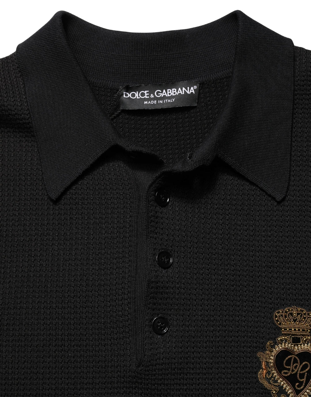Dolce &amp; Gabbana Black Heraldic Crest Patch Silk Polo T-shirt