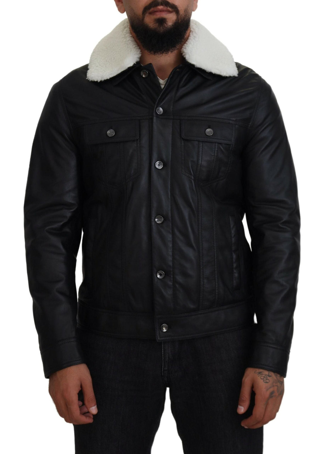 Men’s Dolce & Gabbana Black Lamb Leather Collared Men Coat Jacket