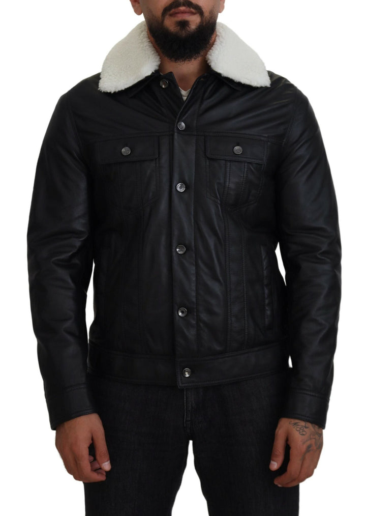 Men’s Dolce &amp; Gabbana Black Lamb Leather Collared Men Coat Jacket