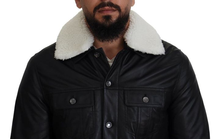Men’s Dolce &amp; Gabbana Black Lamb Leather Collared Men Coat Jacket