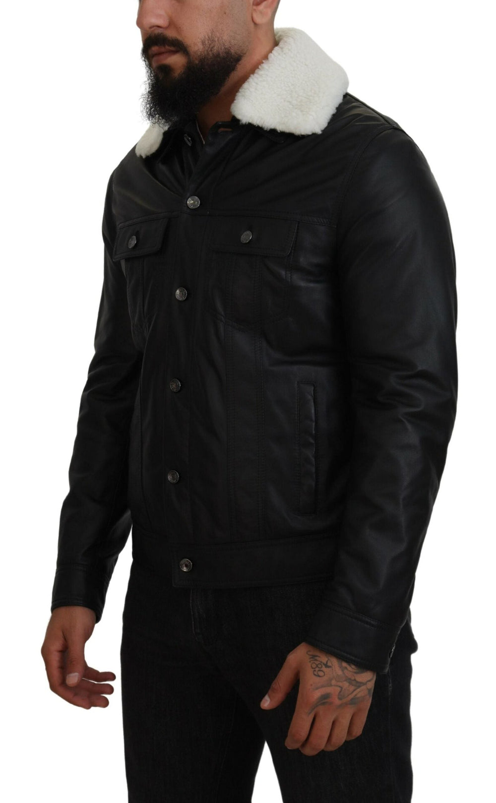 Men’s Dolce & Gabbana Black Lamb Leather Collared Men Coat Jacket