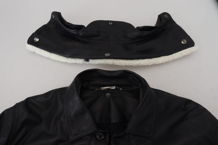 Men’s Dolce &amp; Gabbana Black Lamb Leather Collared Men Coat Jacket