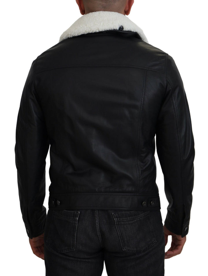 Men’s Dolce &amp; Gabbana Black Lamb Leather Collared Men Coat Jacket