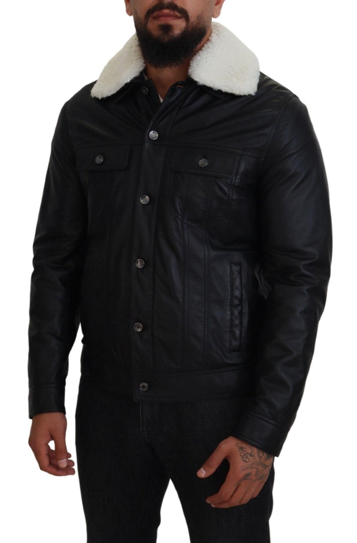 Men’s Dolce &amp; Gabbana Black Lamb Leather Collared Men Coat Jacket