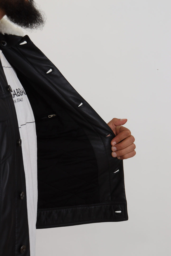 Men’s Dolce &amp; Gabbana Black Lamb Leather Collared Men Coat Jacket