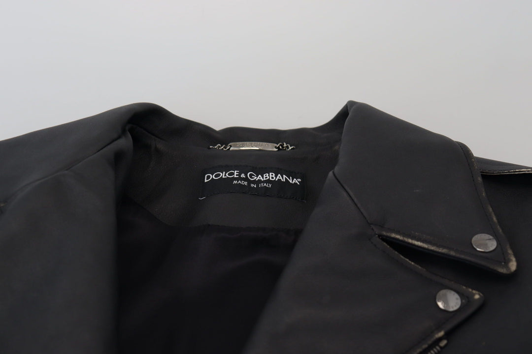 Men’s Dolce &amp; Gabbana Black Leather Biker Coat Zipper Jacket