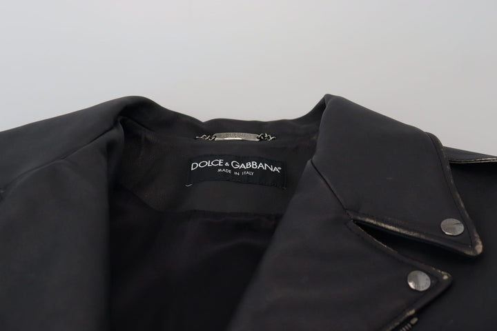 Men’s Dolce &amp; Gabbana Black Leather Biker Coat Zipper Jacket