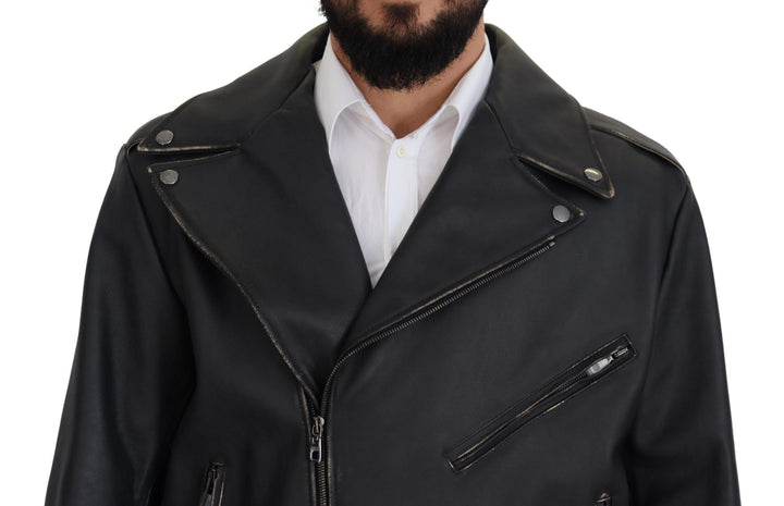 Men’s Dolce &amp; Gabbana Black Leather Biker Coat Zipper Jacket