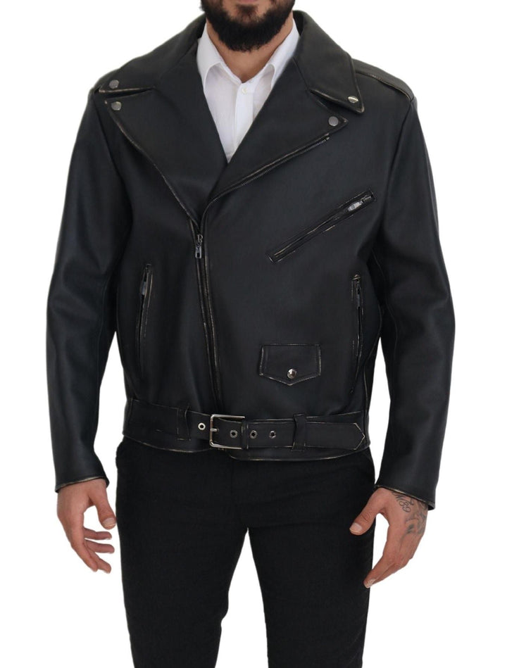 Men’s Dolce &amp; Gabbana Black Leather Biker Coat Zipper Jacket