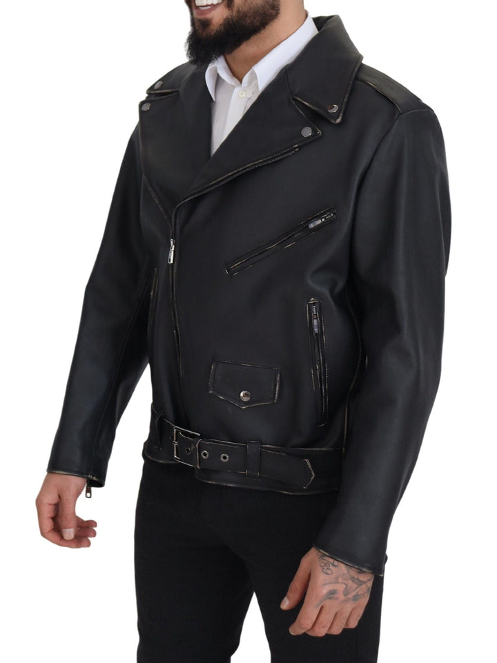 Men’s Dolce &amp; Gabbana Black Leather Biker Coat Zipper Jacket