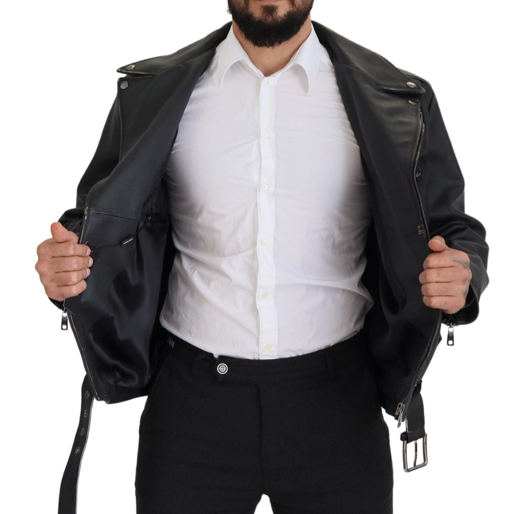Men’s Dolce &amp; Gabbana Black Leather Biker Coat Zipper Jacket