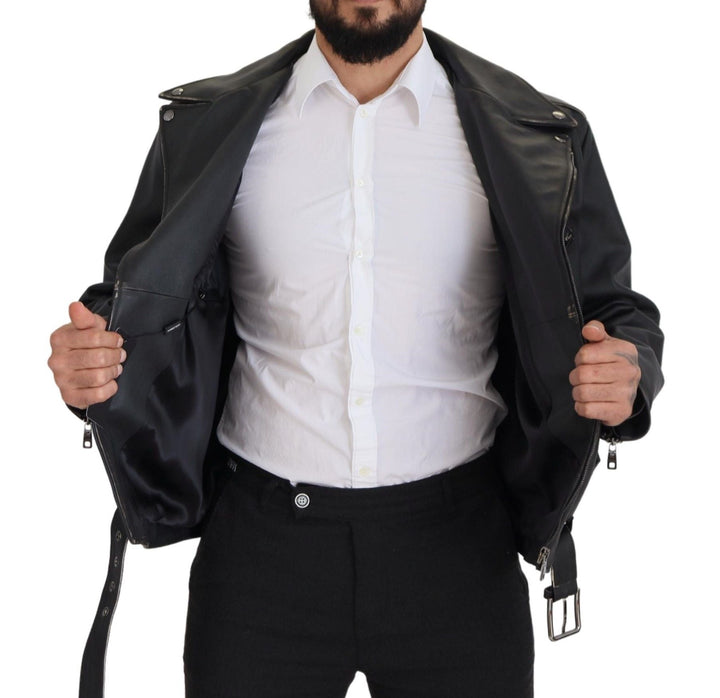 Men’s Dolce &amp; Gabbana Black Leather Biker Coat Zipper Jacket