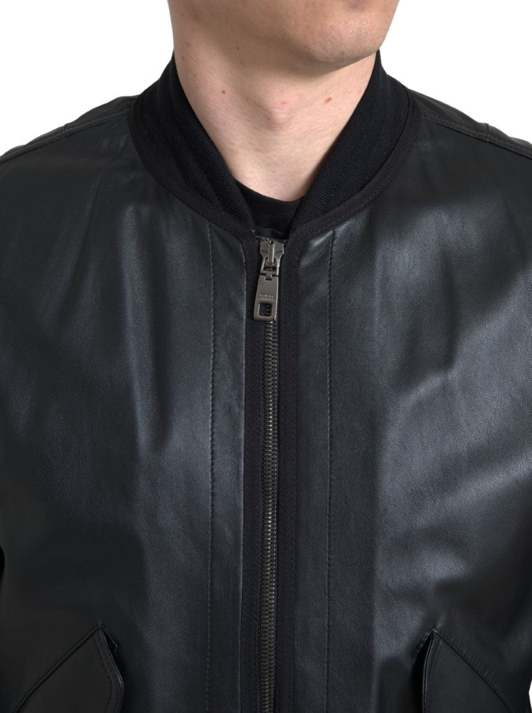 Men’s Dolce &amp; Gabbana Black Leather Blouson Full Zip Bomber Jacket