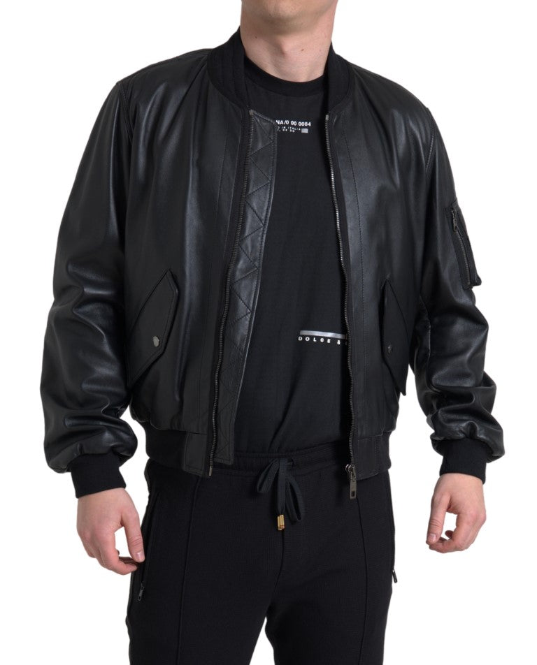 Men’s Dolce &amp; Gabbana Black Leather Blouson Full Zip Bomber Jacket