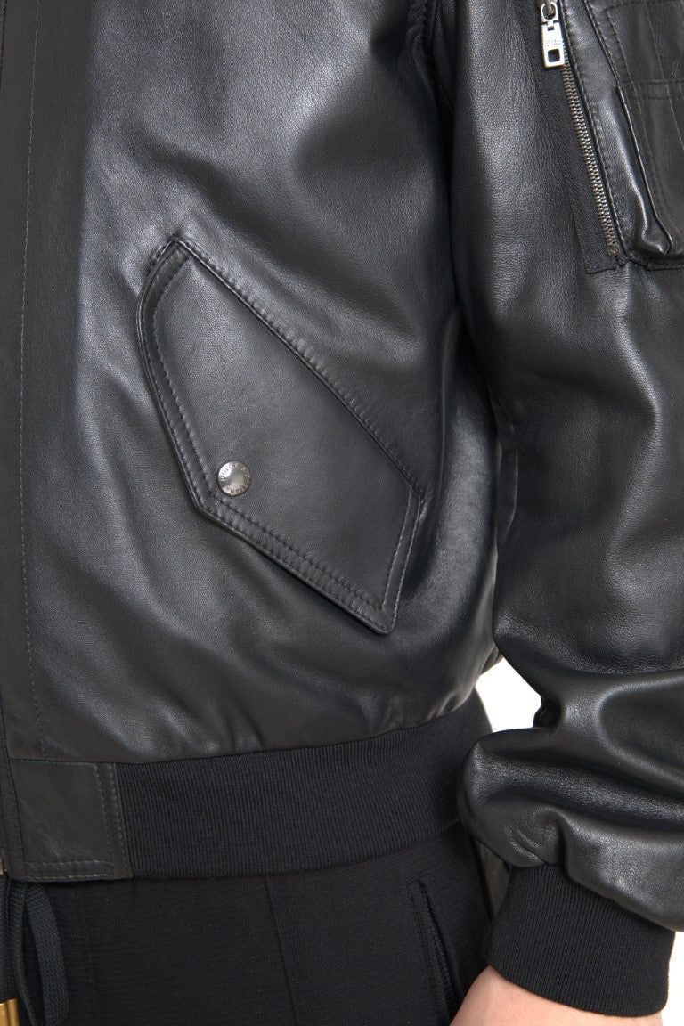 Men’s Dolce &amp; Gabbana Black Leather Blouson Full Zip Bomber Jacket