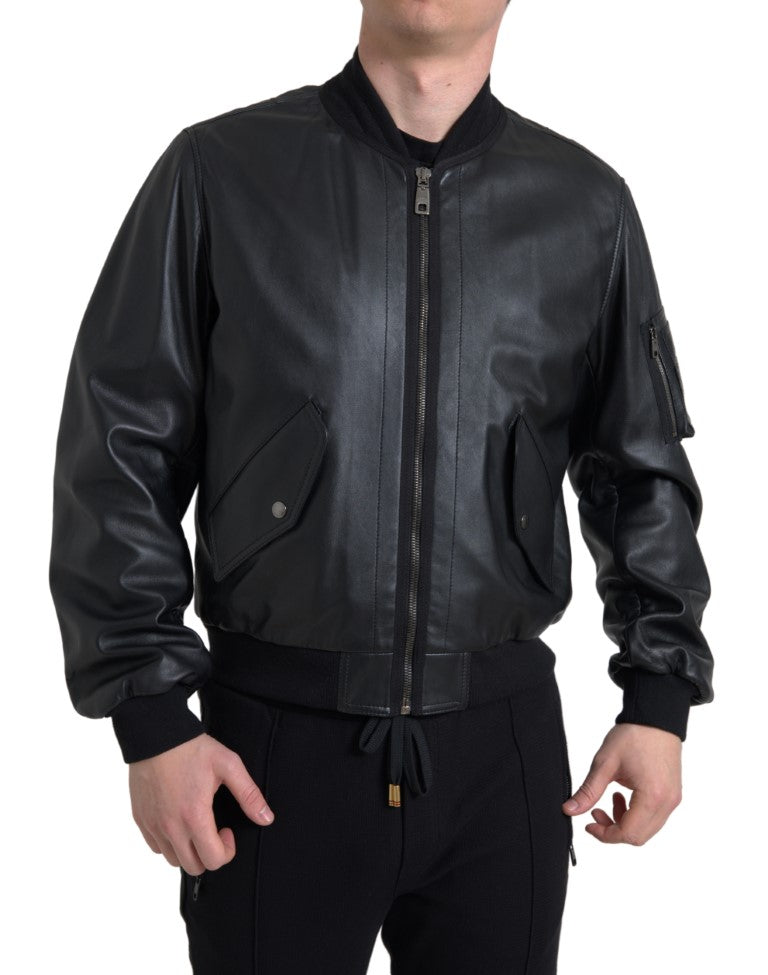 Men’s Dolce &amp; Gabbana Black Leather Blouson Full Zip Bomber Jacket